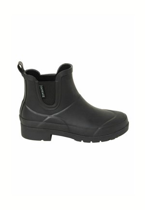 Botte de pluie noire en caoutchouc hauteur cheville avec languette et panneaux latéraux élastiques pour un port facile et un retrait aisé.