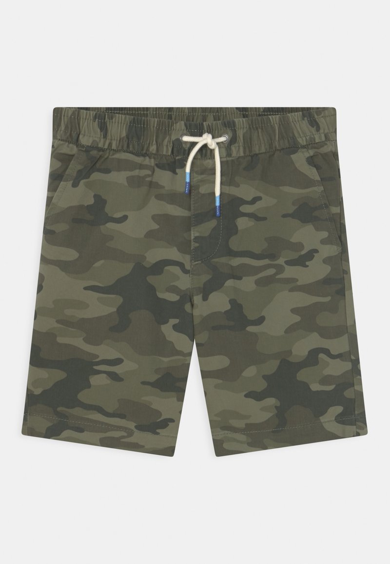 Shorts à motif camouflage vert et gris foncé avec taille élastique et cordon blanc à embouts bleus.