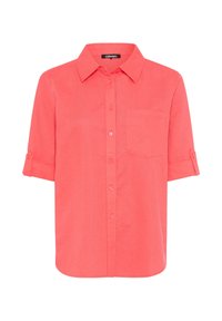 Korallefarbendes Hemd mit Knopfdesign, kurzen aufgerollten Ärmeln, einer Brusttasche und weicher Textur. Markenlabel: Olsen.