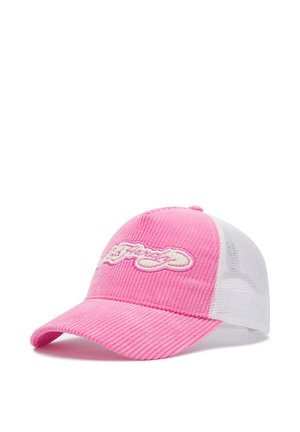 Rosa Cord-Baseballmütze mit weißem Mesh-Rücken und kursiv gesticktem Logo auf der Vorderseite.