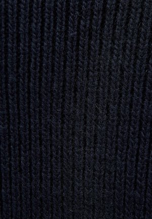 Tissu en tricot bleu marine foncé présentant un motif texturé à côtes avec de fines mèches de fibres offrant une apparence douce.
