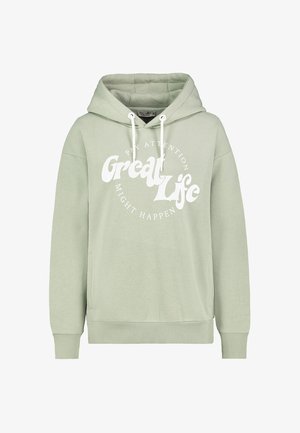 Light green hoodie with front pockets and white drawstrings, featuring "Great Life" text in large white letters and smaller surrounding text.