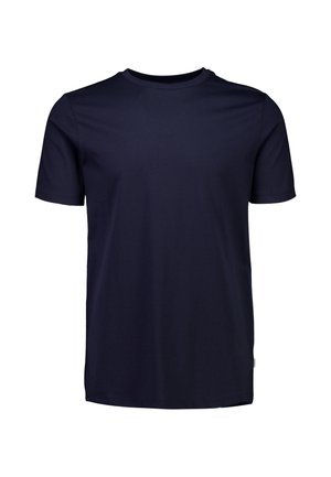 Granatowy t-shirt z krótkim rękawem i okrągłym dekoltem, o gładkim wzorze na białym tle.