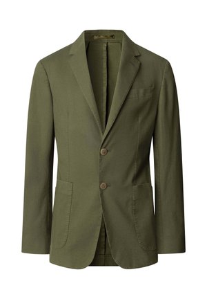 Blazer verde oliva para hombre con solapas con muesca, dos botones delanteros, dos bolsillos parche inferiores y un bolsillo de ojal en el pecho, mostrado sobre fondo blanco.