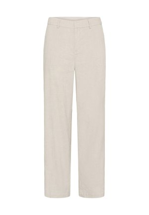 Pantalon beige à jambe droite avec passants pour ceinture, fermeture éclair à l'avant et design épuré et simple.