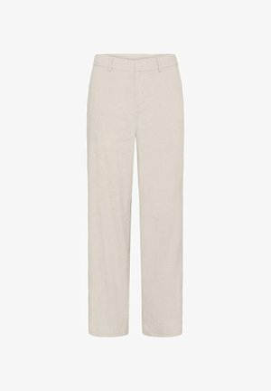 Pantalon beige à jambe droite avec passants pour ceinture, fermeture éclair à l'avant et design épuré et simple.