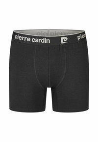 Black boxer briefs made of soft fabric. Features a gray elastic waistband with the "pierre cardin" logo printed on it.