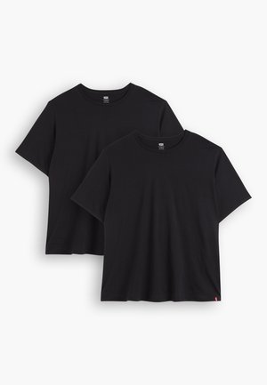 Zwei schwarze Baumwoll-T-Shirts mit kurzen Ärmeln, rundem Ausschnitt und lockerem Schnitt. Jedes hat ein kleines gewebtes Etikett am Saum.