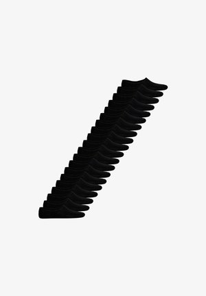 Quattordici coppie di calzini neri bassi e invisibili disposti diagonalmente su uno sfondo bianco.