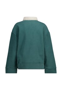 Felpa color teal con una texture morbida, vestibilità over-size e colletto a coste beige. Presenta spalle scese e orlo dritto.