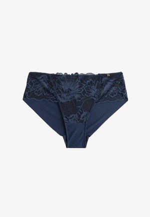 Completo di biancheria intima femminile blu navy con un design in pizzo floreale nella parte superiore e un corpo in tessuto liscio. Include una chiusura elastica in vita e un bordino decorativo.