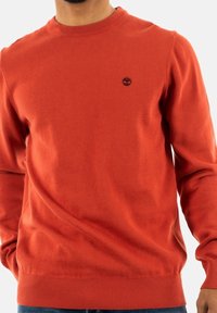 Pull en maille rouge avec col rond, poignets et ourlet côtelés, arborant un petit logo noir sur la poitrine. Texture lisse et coupe ajustée.