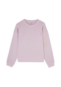 Sweatshirt rose clair avec un col rond, des manches longues et des poignets côtelés. Présente un petit logo brodé sur la poitrine.