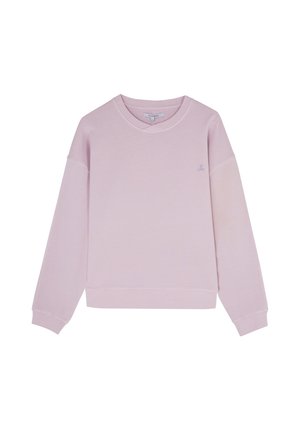 Helles rosa Sweatshirt mit rundem Ausschnitt, langen Ärmeln und gerippten Bündchen. Verfügt über ein kleines gesticktes Logo auf der Brust.