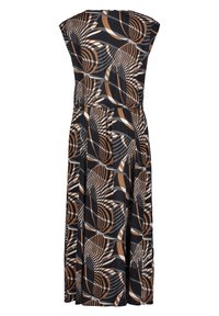 Svart, knälång klänning med figurnära midja, kort ärm och ett virvlande geometriskt mönster i bruna och vita nyanser. Slät tygstruktur.