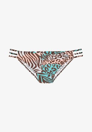 Bikini bottom featuring a mix of leopard and zebra patterns in brown, turquoise, and pink, with side straps and ruffled edges.