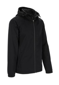 Schwarze Softshelljacke mit Kapuze, ausgestattet mit einem Reißverschluss, elastischen Bündchen und zwei Seitentaschen. Mit Fleece gefüttert für Wärme.