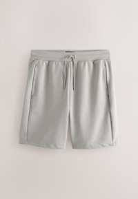 Shorts décontractés gris clair longueur genou avec taille élastique et cordon, dotés de poches latérales et d’une coupe ample.