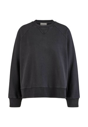Black sweatshirt with a round neckline, raglan sleeves, and ribbed cuffs. Made of a soft fabric with a smooth texture and slightly loose fit.