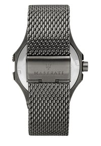 Zwart gaas metalen polshorloge met een gedurfde ronde wijzerplaat, minimalistisch ontwerp en een sluiting gemarkeerd met het Maserati-logo.
