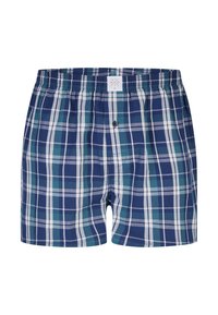 Blauwe en groene geruite katoenen boxershorts voor mannen met een elastische tailleband en een enkele knoopsluiting.