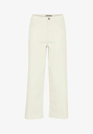 Jeans bianchi a gamba larga realizzati in denim di cotone. Presentano una chiusura con bottone frontale, cinque tasche e orlo dritto con dettagli di cucitura discreti.