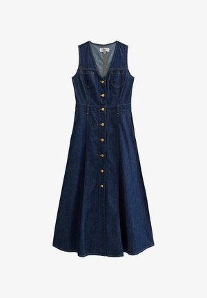 Dżinsowa sukienka bez rękawów z przodem zapinanym na guziki, dwoma kieszeniami na piersi oraz rozszerzanym dołem w ciemnoniebieskim kolorze z guzikami w odcieniu złota.