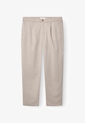 Bežīgas bikses no gluda auduma, ar pogu aizdari, platu priekšpusi un taisnām kājām. Audumam ir smalka tekstūra.