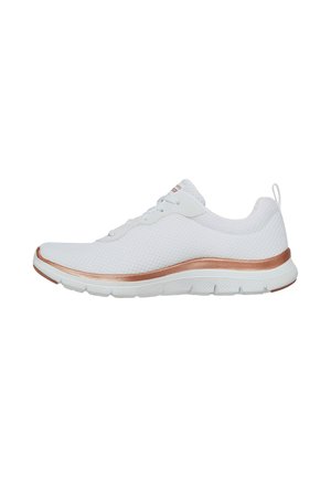 White athletic shoe with a textured mesh upper, featuring a rose gold accent stripe, flexible sole, and lace-up design.