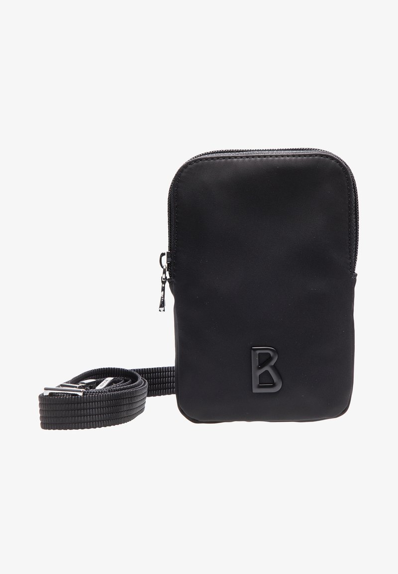 Schwarze Stoff-Umhängetasche mit Reißverschluss, flacher rechteckiger Form und strukturiertem Riemen. Verfügt über ein erhabenes 'B'-Logo auf der Vorderseite.