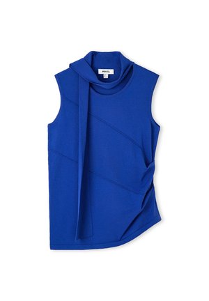Mouwloos koningsblauw topje met hoge hals en aangehechte sjaaldetail, met diagonale naden en een licht geplooide zijkant.