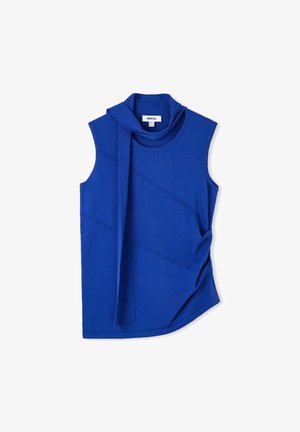 Sleeveless royal blue top with high neck and attached scarf detail, featuring diagonal seam lines and a slightly gathered side.
