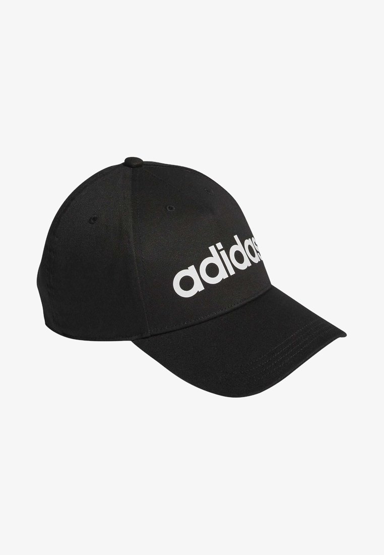 Cappellino da baseball nero con logo "adidas" bianco sulla parte anteriore, realizzato in tessuto con visiera curva e fori di ventilazione sulla parte superiore.