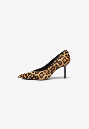 Leopard print high-heeled shoe made of textured material with a pointed toe and a sleek black stiletto heel.