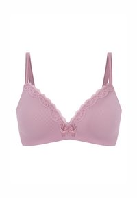 Rosa, gerippte Bralette mit Spitzenbesatz entlang des Ausschnitts und einer Schleifenapplikation in der Mitte; verstellbare Träger für eine optimale Passform. Weicher Griff insgesamt.