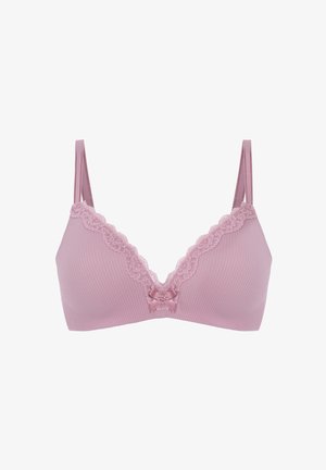 Brassière rose côtelée avec une bordure en dentelle au niveau du décolleté et un nœud central ; bretelles réglables pour un ajustement parfait. Texture douce sur l'ensemble.