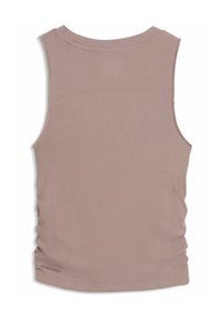 Débardeur côtelé mauve clair avec un col rond et un détail froncé sur le côté. Sans marque visible, conçu pour une silhouette ajustée.