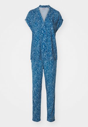 Zweiteiliges Outfit mit blauem Blumenmuster, bestehend aus einem kurzärmeligen Oberteil mit V-Ausschnitt und passenden, lockeren Hosen. Weicher Stoff.