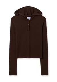 Felpa marrone a maniche lunghe con cappuccio, dal design cropped, caratterizzata da una patta con tre bottoni e una texture liscia. Assente qualsiasi motivo o dettaglio decorativo.