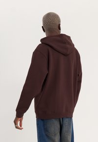 Brown hooded sweatshirt with a relaxed fit, made from soft fabric. Features a ribbed hem and cuffs, with a spacious hood for added comfort.