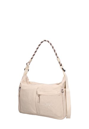 Sac bandoulière beige avec poignée en tissu à motifs, poches avant zippées et à rabat, bandoulière réglable et logo GMV brodé.
