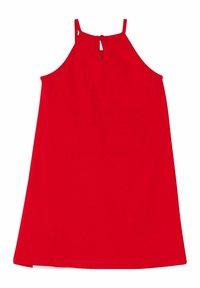 Vestido rojo sin mangas con tirantes finos y un pequeño ojal con botones en la parte de atrás, exhibido sobre un fondo blanco.