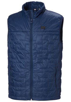 Navyblaue isolierte Weste mit hohem Kragen, Vorderreißverschluss und zwei Seitentaschen. Strukturierter, gestepptes Design verbessert die Wärme und Funktionalität.