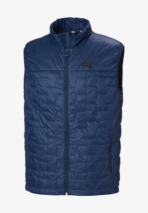 Navyblaue isolierte Weste mit hohem Kragen, Vorderreißverschluss und zwei Seitentaschen. Strukturierter, gestepptes Design verbessert die Wärme und Funktionalität.