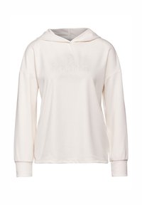 Cremfarbener Hoodie aus weichem Stoff, mit einem geprägten Logo auf der Vorderseite, langen Ärmeln und einer lockeren Passform mit Kordelzugkapuze.