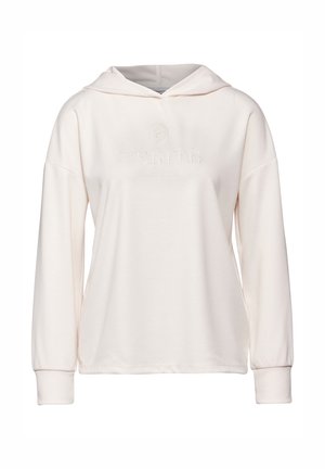 Sudadera color crema hecha de tela suave, con detalle de logo en relieve en el frente, mangas largas y un corte relajado con capucha ajustable.