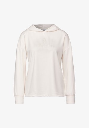 Hoodie couleur crème en tissu doux, arborant un détail de logo en relief sur le devant, des manches longues et une coupe décontractée avec une capuche à cordon.