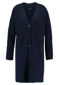 Námořnicky modrý kardigan z texturované látky s výstřihem do V, dvěma předními kapsami, žebrovanými manžetami a zapínáním na jeden knoflík.