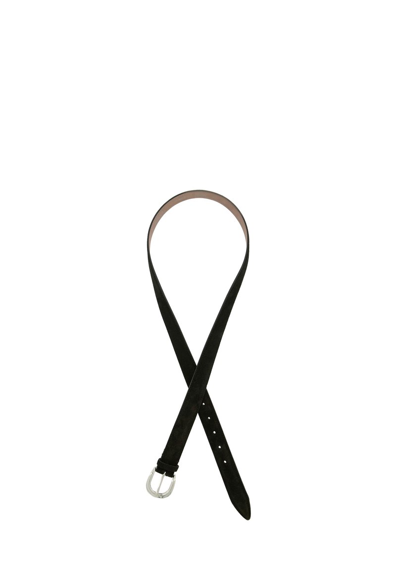 Mustavillainen nubukkivyö, jossa on hopeinen metallipainike. Vyössä on viisi säädettävää reikää ja sileä, tasainen pinta. Päät nykivät teräväksi.