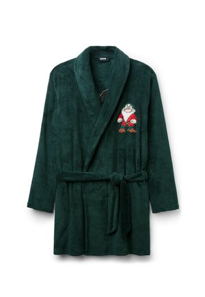 Green plush bathrobe with tie belt, featuring an embroidered cartoon dwarf on the left chest. Textured, long-sleeved design.